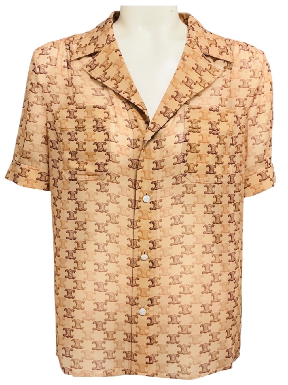 CELINE TAN TRIOMPHE MONOGRAM LOGO PRINT SILK GEORGETTE PAJAMA SHIRT